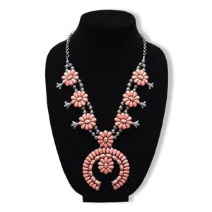 Southwestern Pink Naja Squash Blossom Statement Necklace, Like New